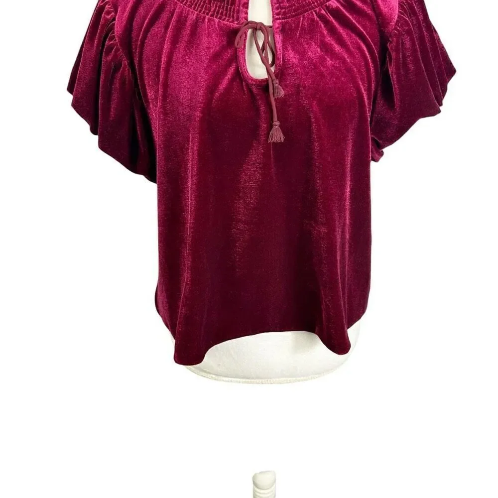 Free People Terese Garnet Red Velvet Short Puff Sleeve Top Boho Fall Size M